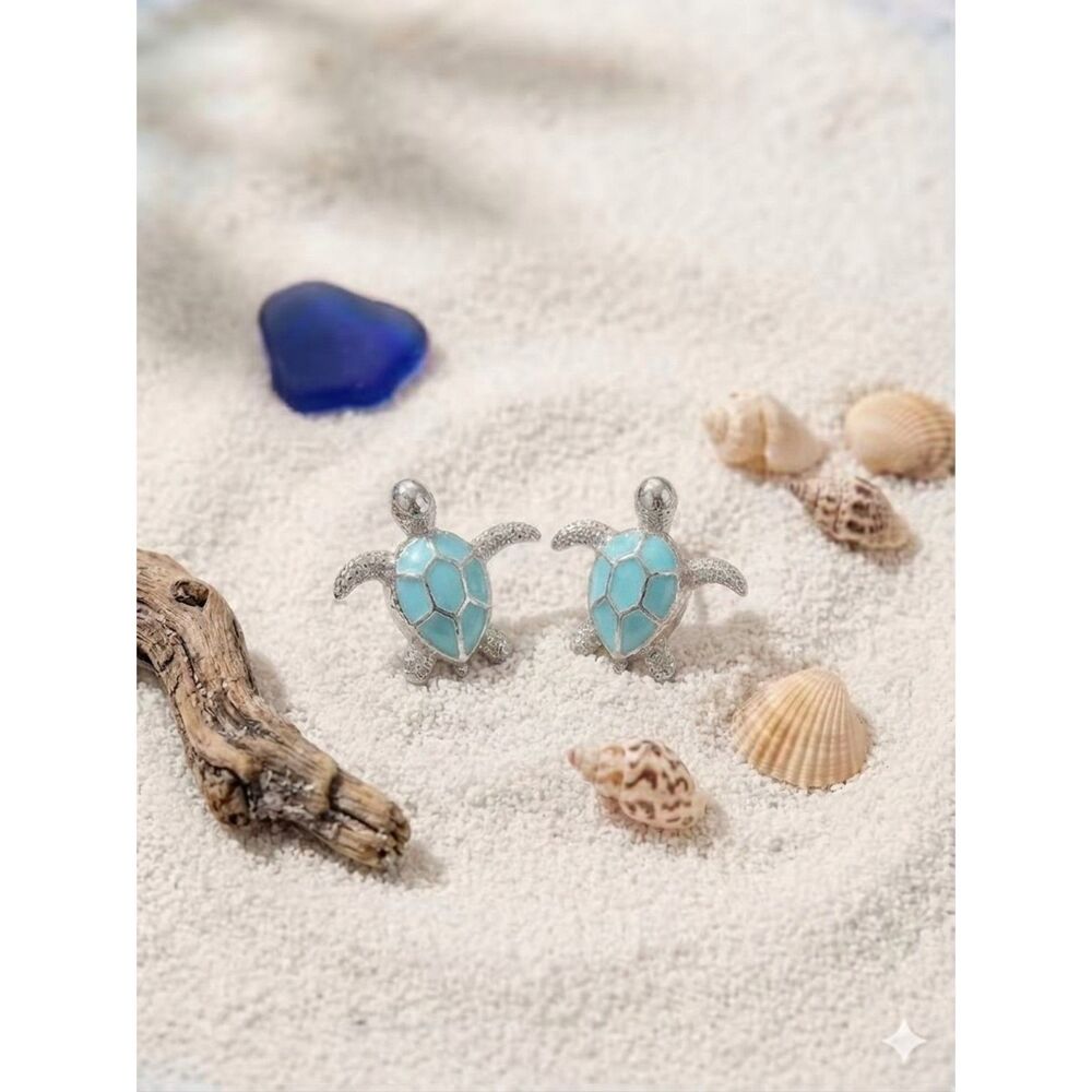 Ross Simons Sterling Silver Blue Enamel Sea Turtle Stud Earrings S925 Box Pouch
